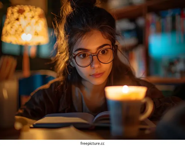 Young woman reading a book by candlelight