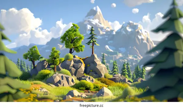 Low Poly Mountain Landscape with Trees and Grass