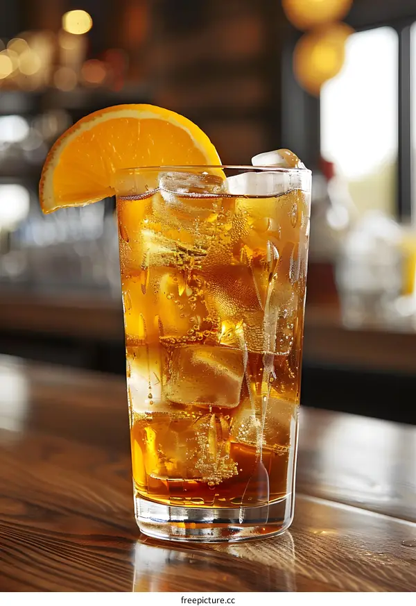 refreshing orange soda in glass with ice