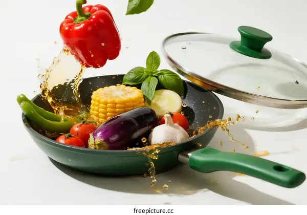 Fresh vegetables being cooked in a pan with oil splashing around