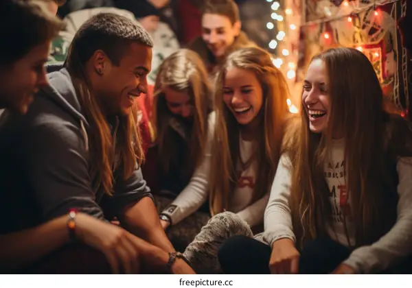 Laughing Friends Sitting Together In A Tent