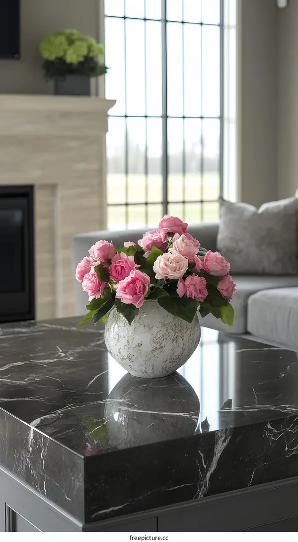 Modern Living Room Interior with Pink Roses
