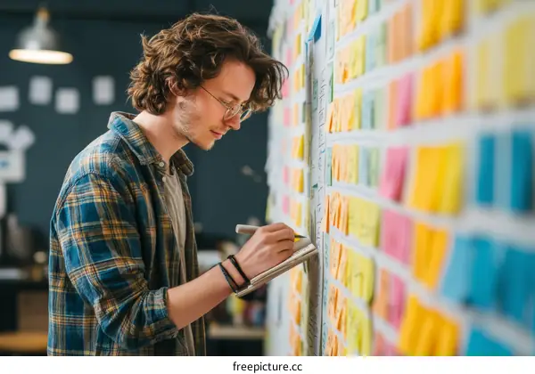 Young Caucasian Man Working on Sticky Notes Wall