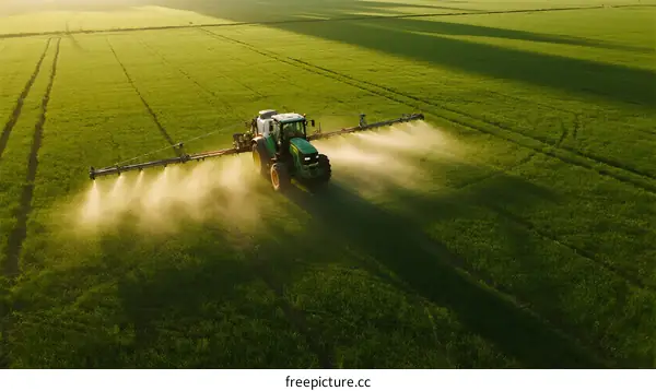 Tractor Spraying Pesticide on Green Field at Sunrise