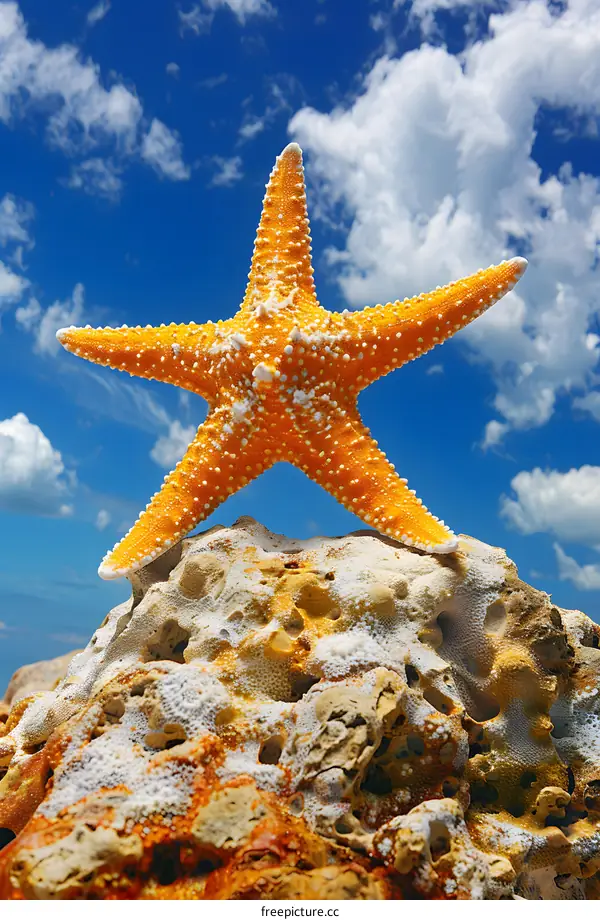 A starfish stands on a rock in the ocean.