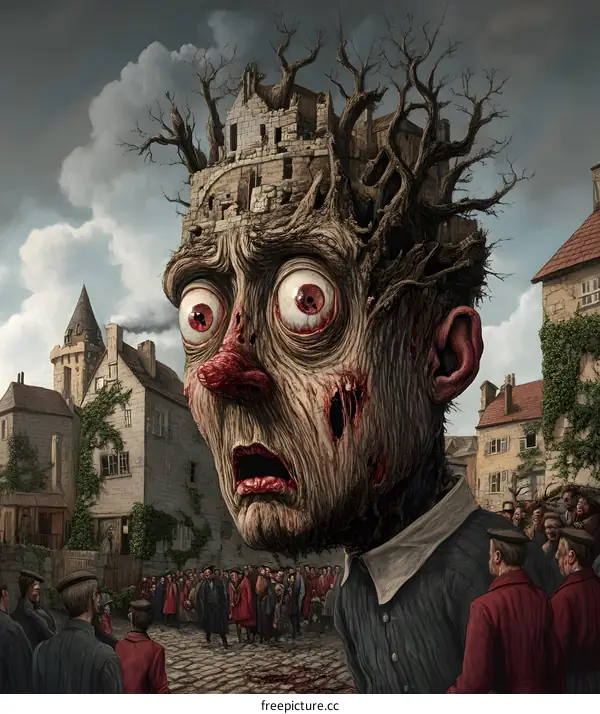 Giant Head With Ruined Building And People