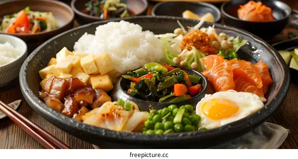 A delicious and healthy Japanese meal with rice, fish, and vegetables
