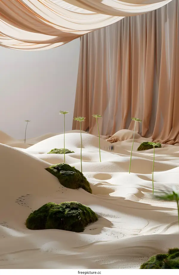 Minimalist Desert Scene with Green Plants and Curtained Background