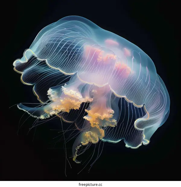 A glowing jellyfish floats gracefully through the dark ocean waters