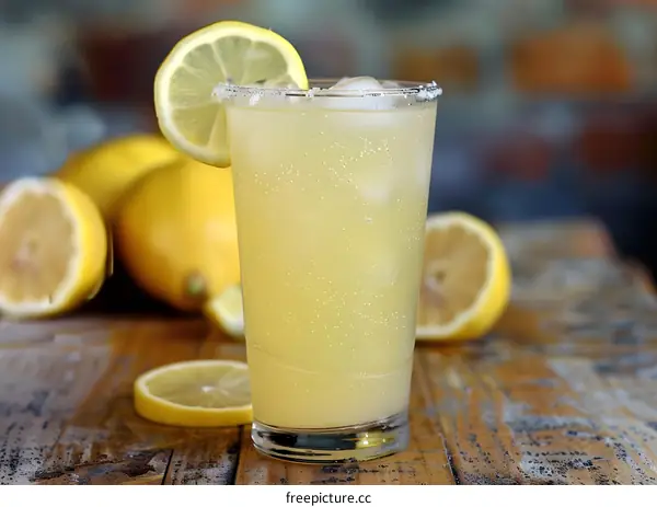 Glass of Lemonade with Lemon Slices and Ice