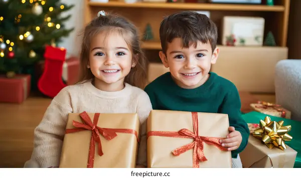 Two Children Holding Christmas Presents