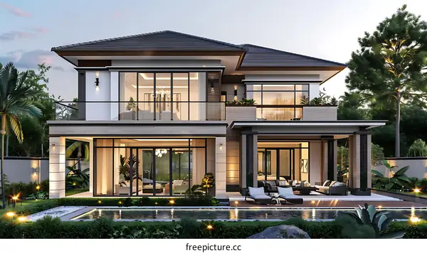 The picture shows a 3D rendering of a two-story house with a modern design. The house has a flat roof and large windows. There is a swimming pool in the backyard.