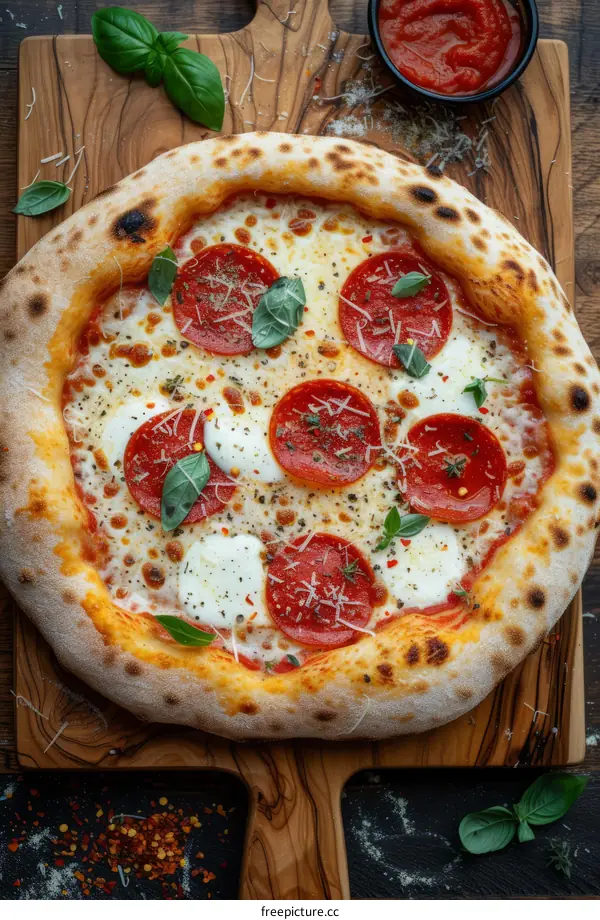 A delicious pepperoni pizza with basil and melted cheese