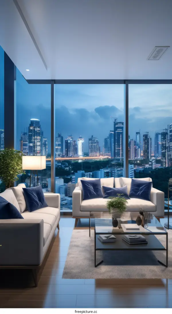 Modern Living Room with City Night View