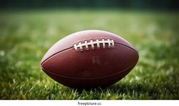 Close up of an American football on grass field