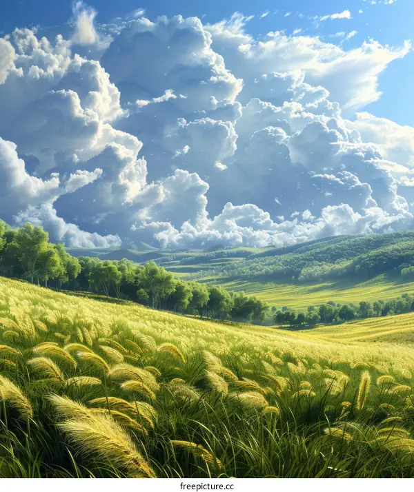 Rolling Green Hills under a Cloud-Filled Sky