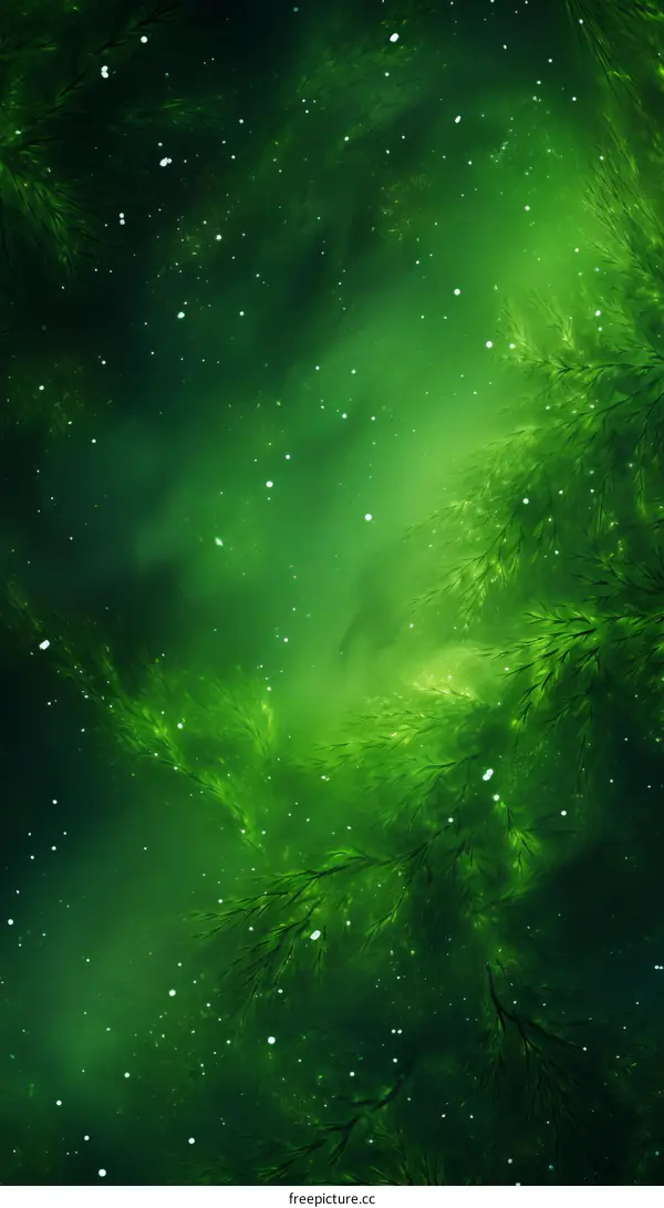 Green branches of a fabulous tree against the background of the starry sky