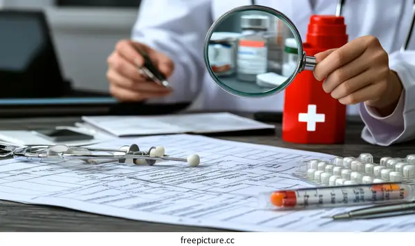 Doctor Examining Medical Records with Magnifying Glass