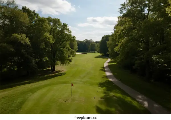 A scenic view of a well-maintained golf course surrounded by lush trees