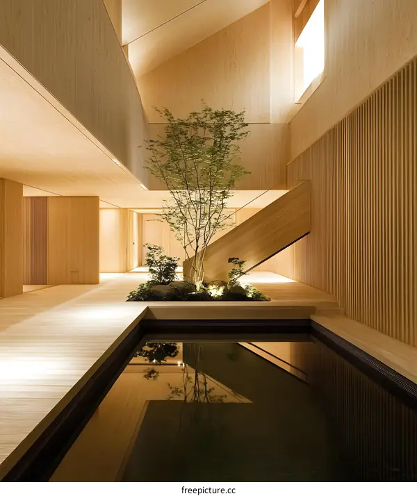 Modern Wooden Interior Design With Small Pond