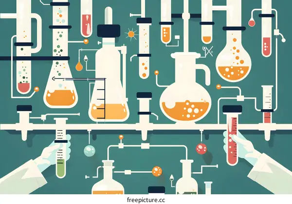 Laboratory Science Experiment Illustration with Beaker and Test Tubes