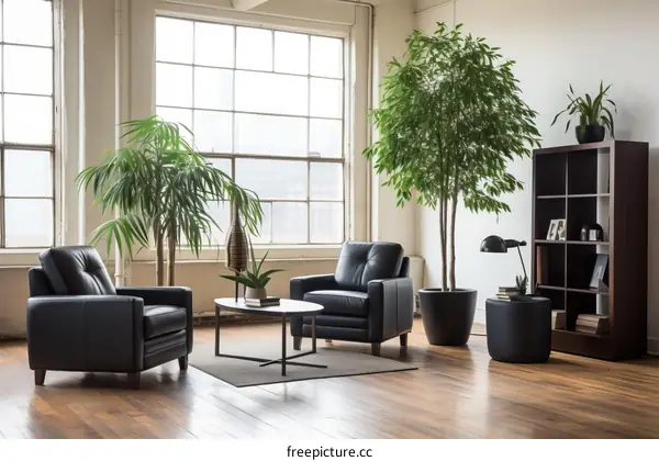 Black leather chairs and plants in a living room
