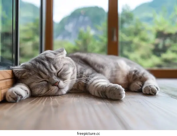 A gray cat is sleeping on the wooden floor in front of the floor-to-ceiling windows.
