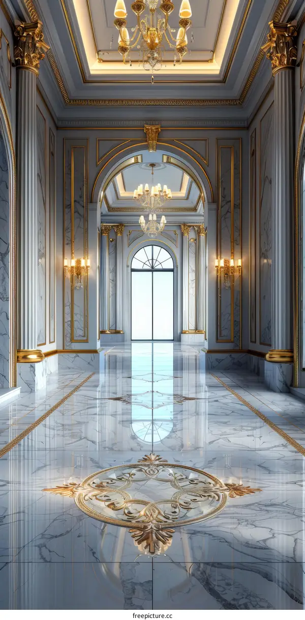 ornate hallway with marble floor and gold accents