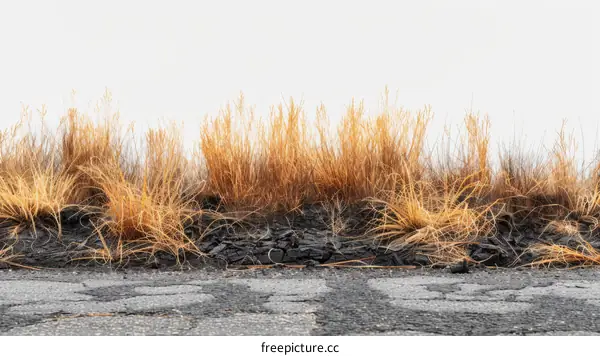 Close-up of Burnt Grass and Cracked Asphalt