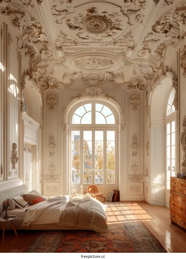 Elegant Bedroom with Ornate Ceiling and Balcony View