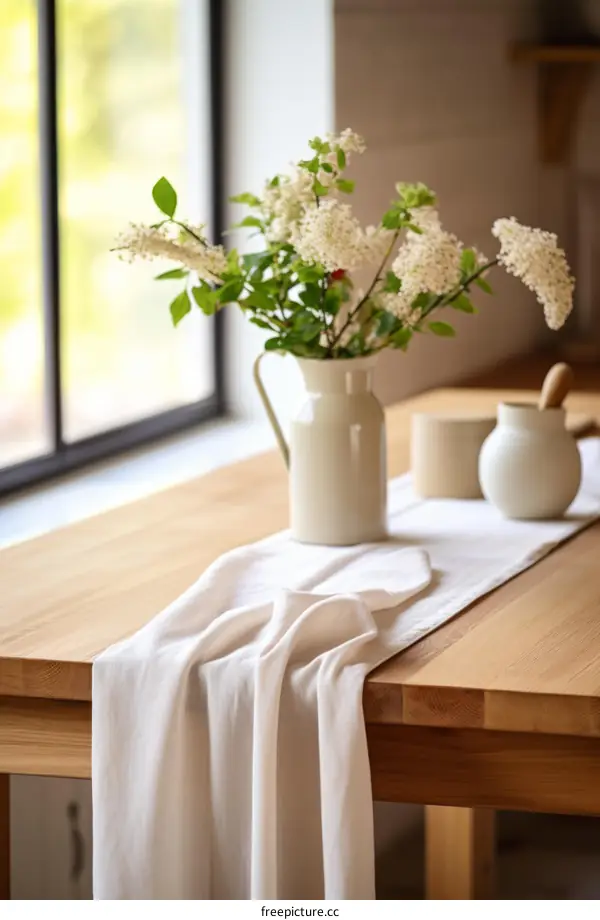 White flowers in a vase on a wooden table