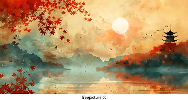 japanese style painting of maple leaves and pagoda by the lake