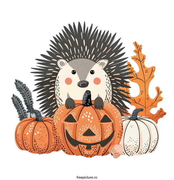 [Transparent Background PNG]Cute Hedgehog With Pumpkins For Halloween Illustration