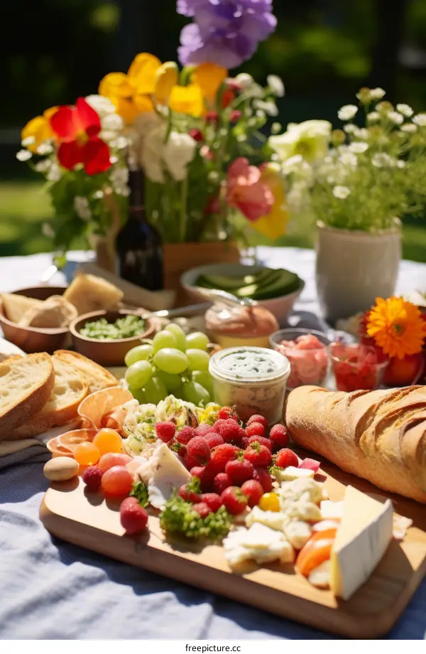 A picnic with fresh fruit, cheese, bread, and wine