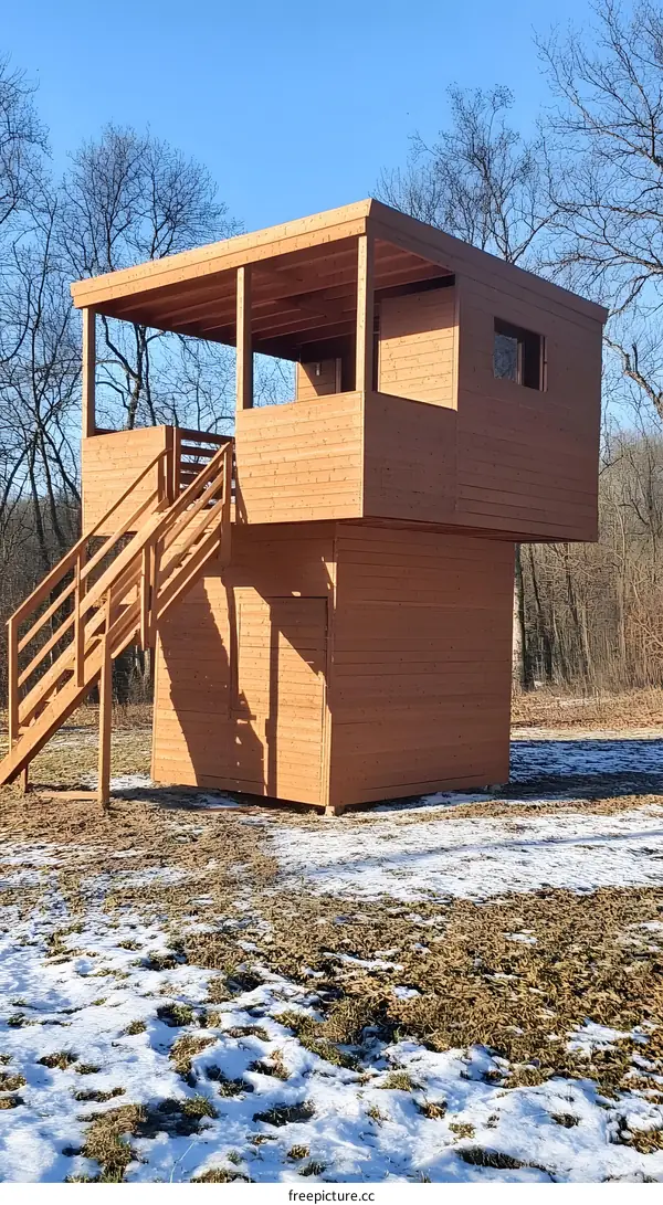 Wooden Cabin With Stairs In Winter