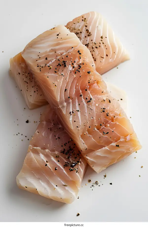 Three pieces of raw fish fillet seasoned with black pepper