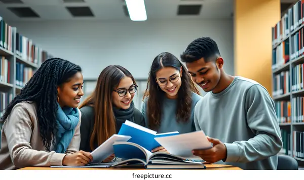 Group of Diverse Students Studying Together in a Library
