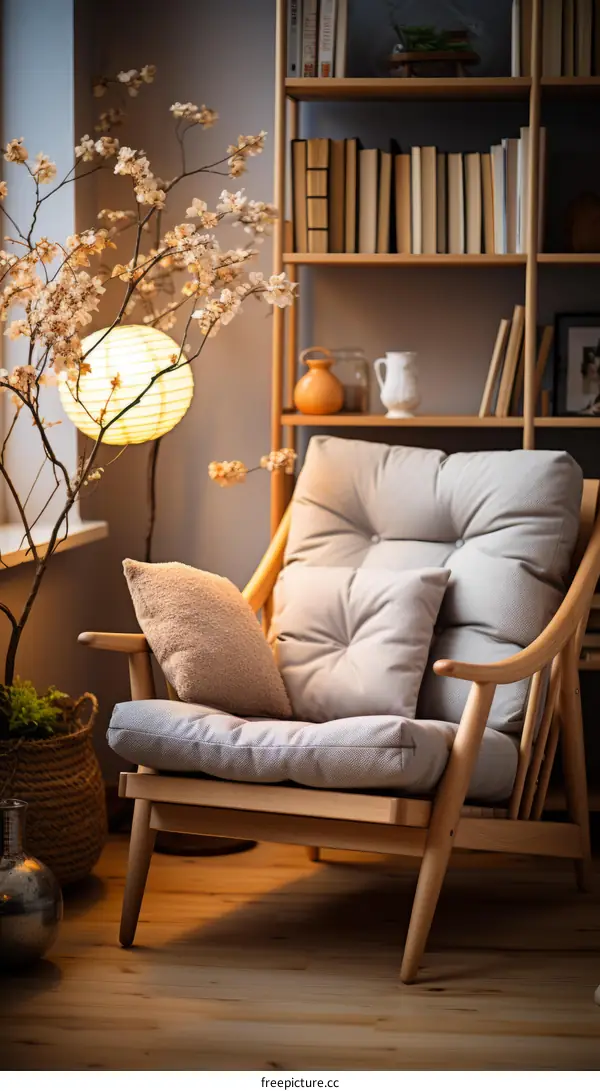 A Cozy Living Room with Comfortable Armchair, Bookshelf, and Cherry Blossom Tree