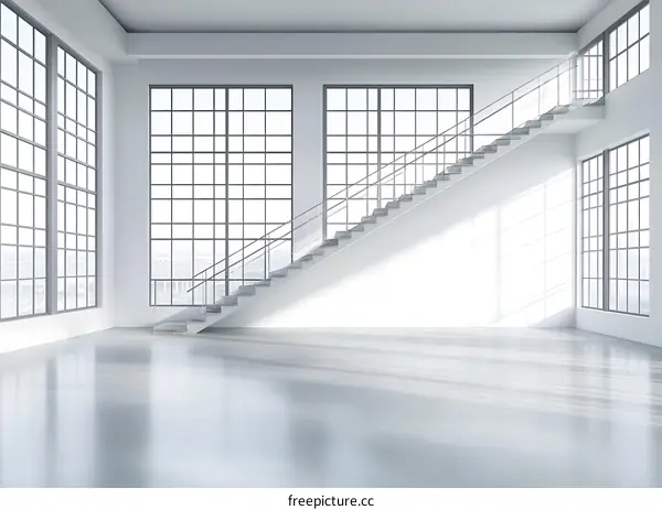 Modern Minimalist Interior Design with Stairs and Large Windows