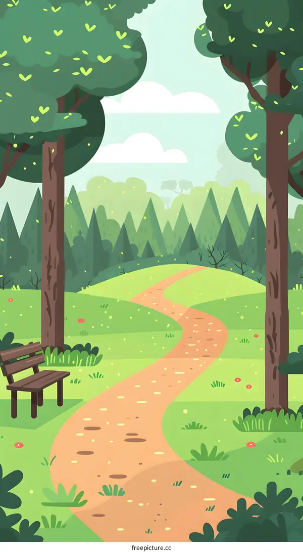 Green Path in a Forest with a Bench