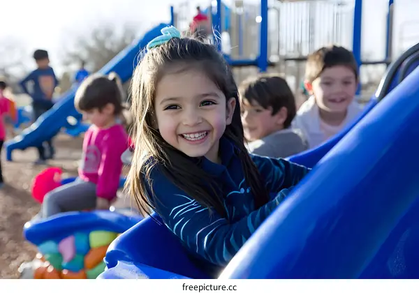Smiling Little Girl On A Blue Slide At The Playground