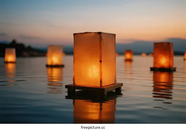 Floating Paper Lanterns Glowing in Calm Water During Sunset