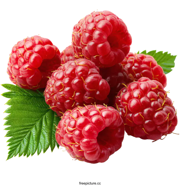 [Transparent Background PNG]Close-up of Fresh Raspberries with Leaves