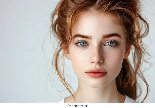 portrait of a beautiful young woman with freckles and blue eyes