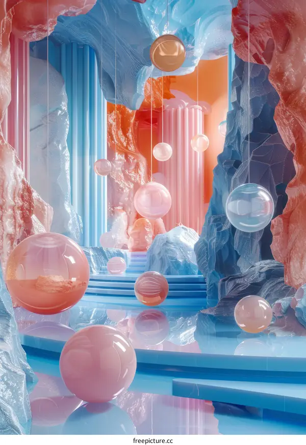 Pink and blue surreal landscape with floating spheres