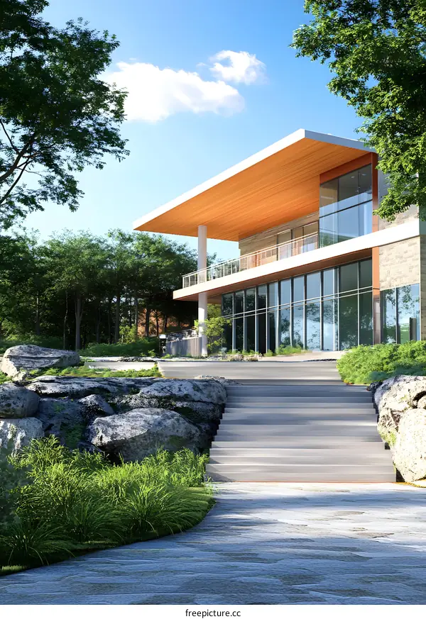 Modern House With Stone Walkway And Stairs