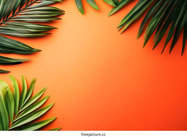 Tropical Green Palm Leaves on Orange Background