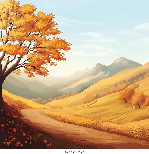 Autumn Landscape with Winding Road and Mountains