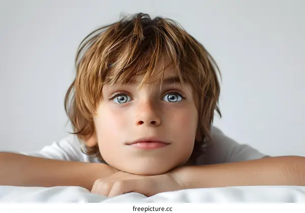 Portrait of a boy with freckles and blue eyes