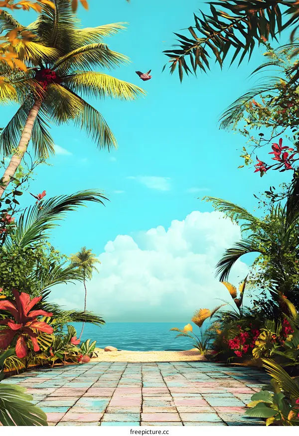 Tropical Beach Scene with Palm Trees and Blue Sky